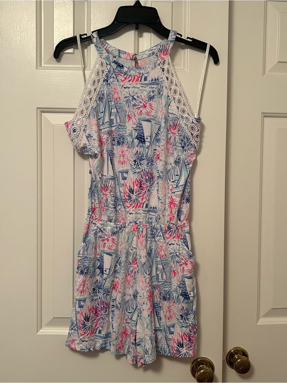 Lilly Pulitzer Lala Romper Halter Blue Sea to Shining Sea Sailboat Size XS